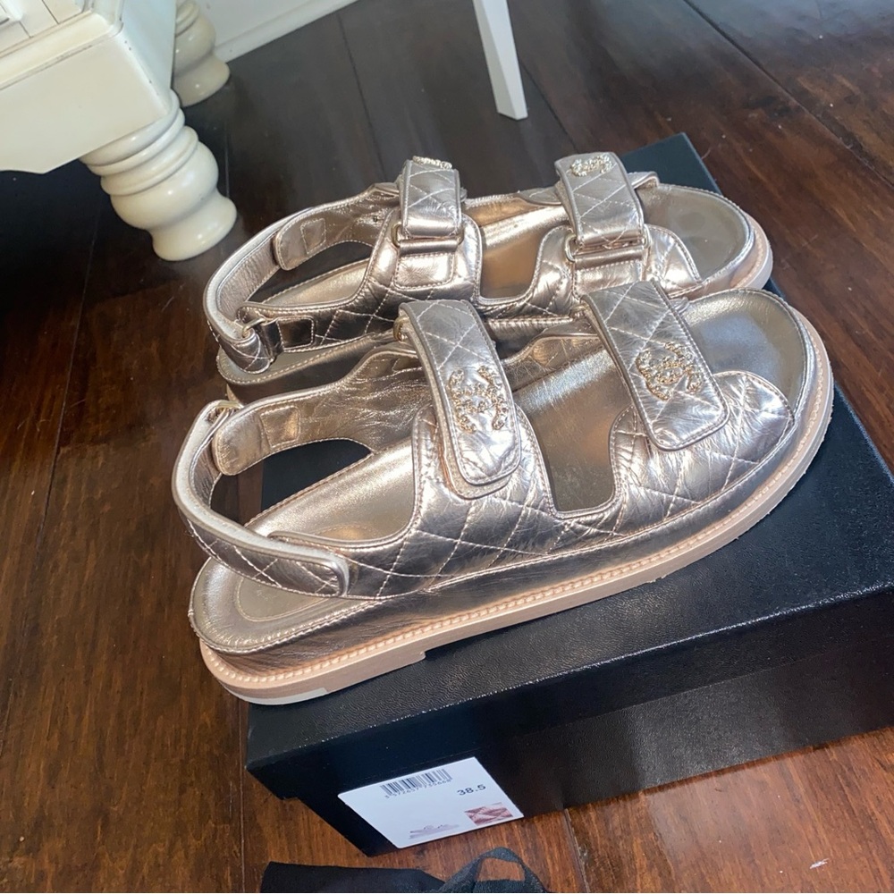 CHANEL metallic bronze rose gold Dad Sandals Size 38.5